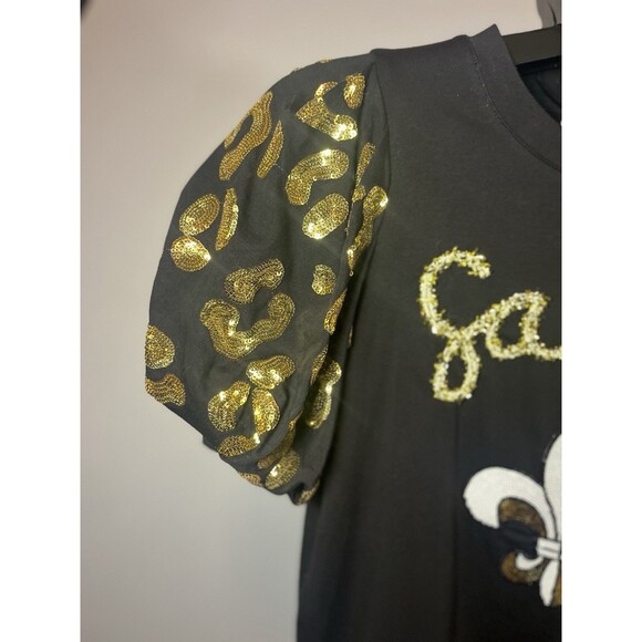 Sash Boutique Louisiana Saints Sequin Top XS Black Gold Fleur-de-Lis Puff Sleeve - Picture 3 of 10